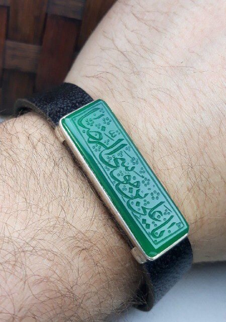 دستبند چرم مردانه عقیق سبز خطی