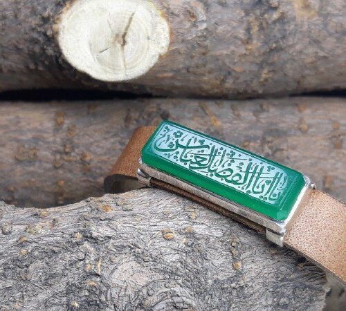 فروش دستبند چرمی مردانه عقیق سبز خطی قاب دست ساز