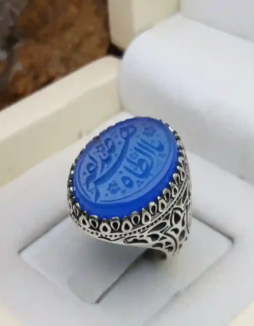 انگشتر مردانه عقیق آبی خطی کد 2019