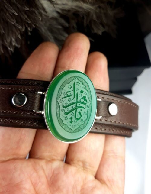 دستبند چرمی مردانه عقیق سبز خطی