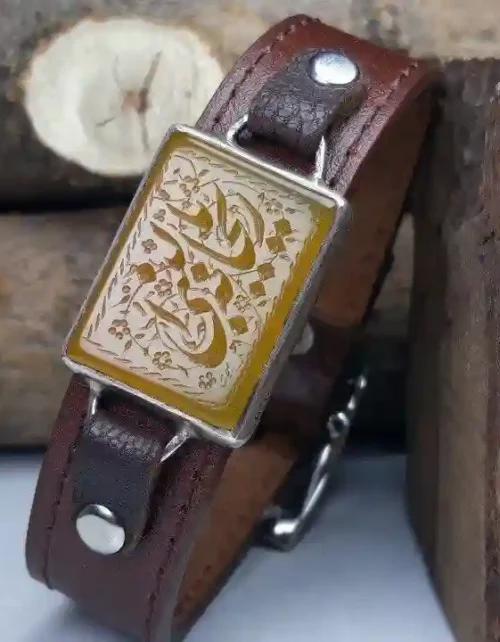 دستبند چرمی عقیق زرد خطی، کد 2598